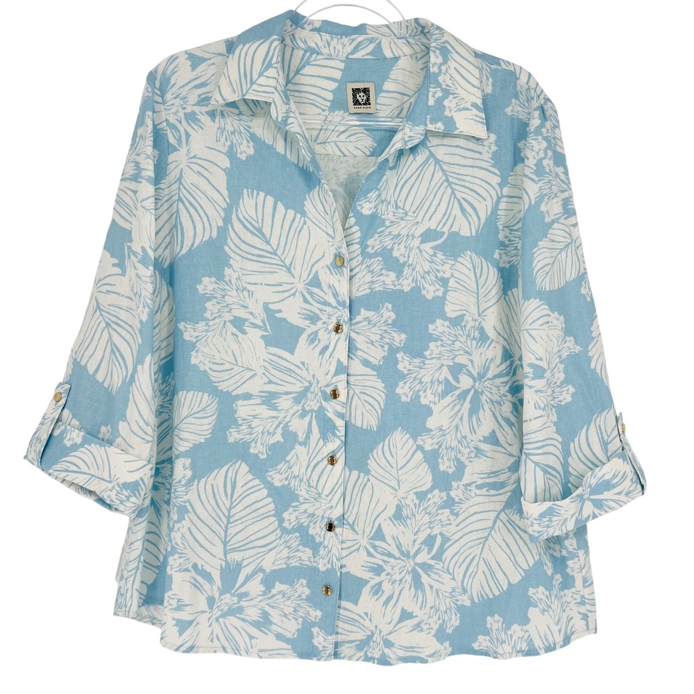 Anne Klein Button Up Shirt Womens M Blue Tropical Linen Blend Coastal Hibiscus